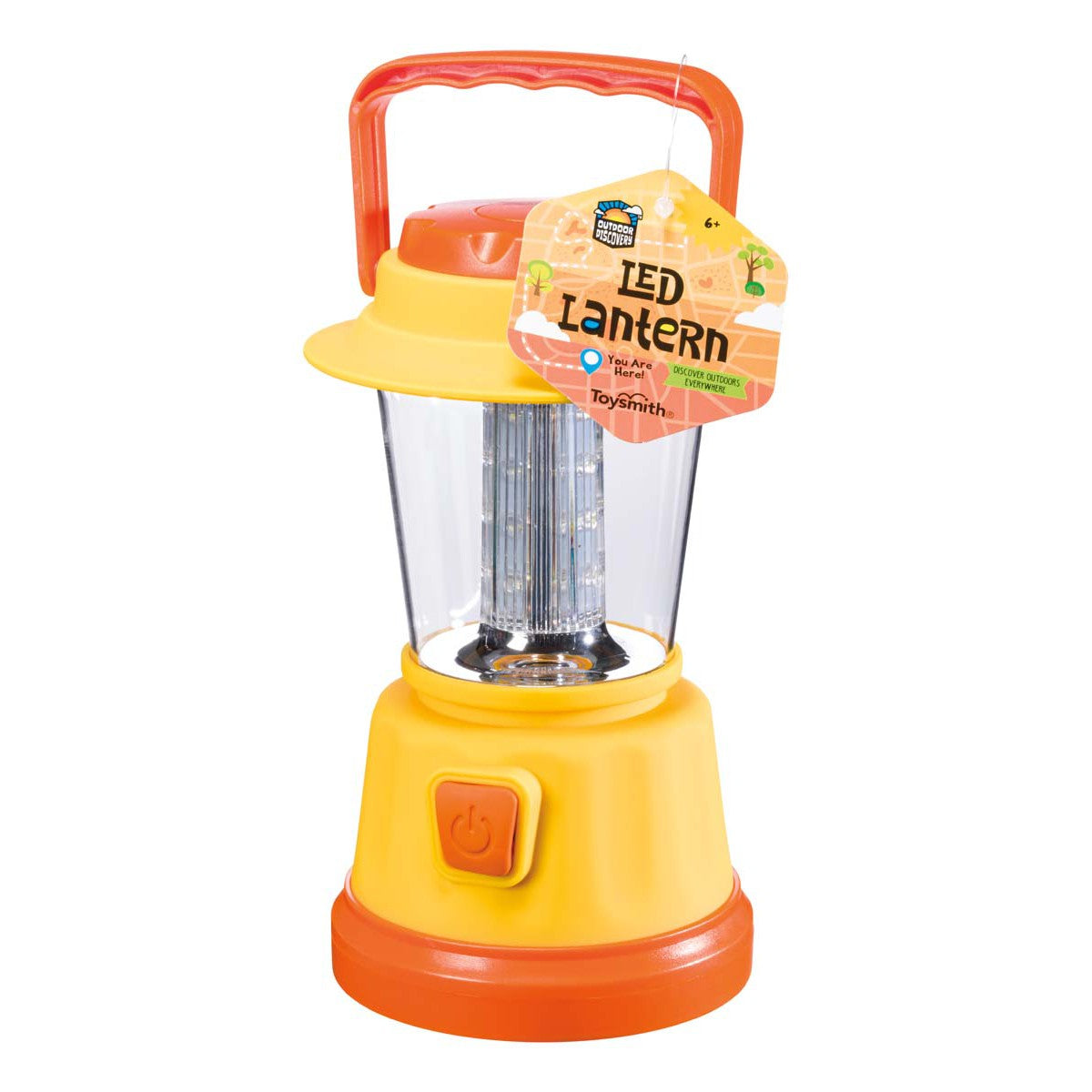 The Outdoor Discovery LED Lantern by Outdoor Discovery features a yellow and orange body, red handle, clear center, front power button, and attached label—perfect for kids' backyard adventures.
