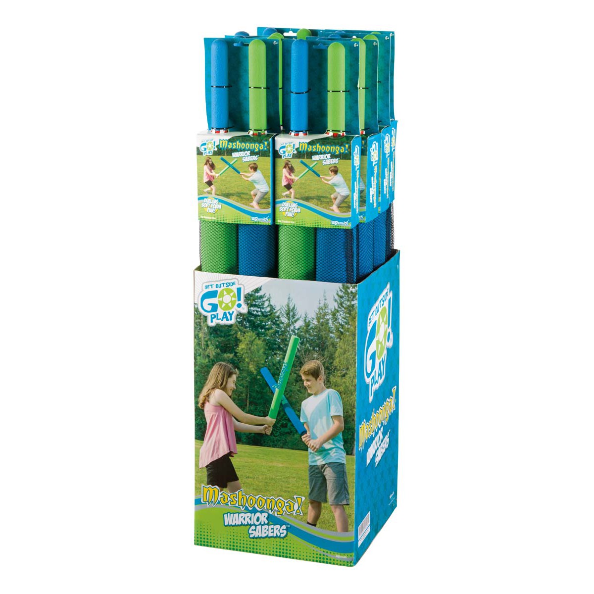 A display box of GO! Play Mashoonga foam toy swords by GO! Play, with children having outdoor fun using the colorful green and blue swords on the grass, trees in the background.