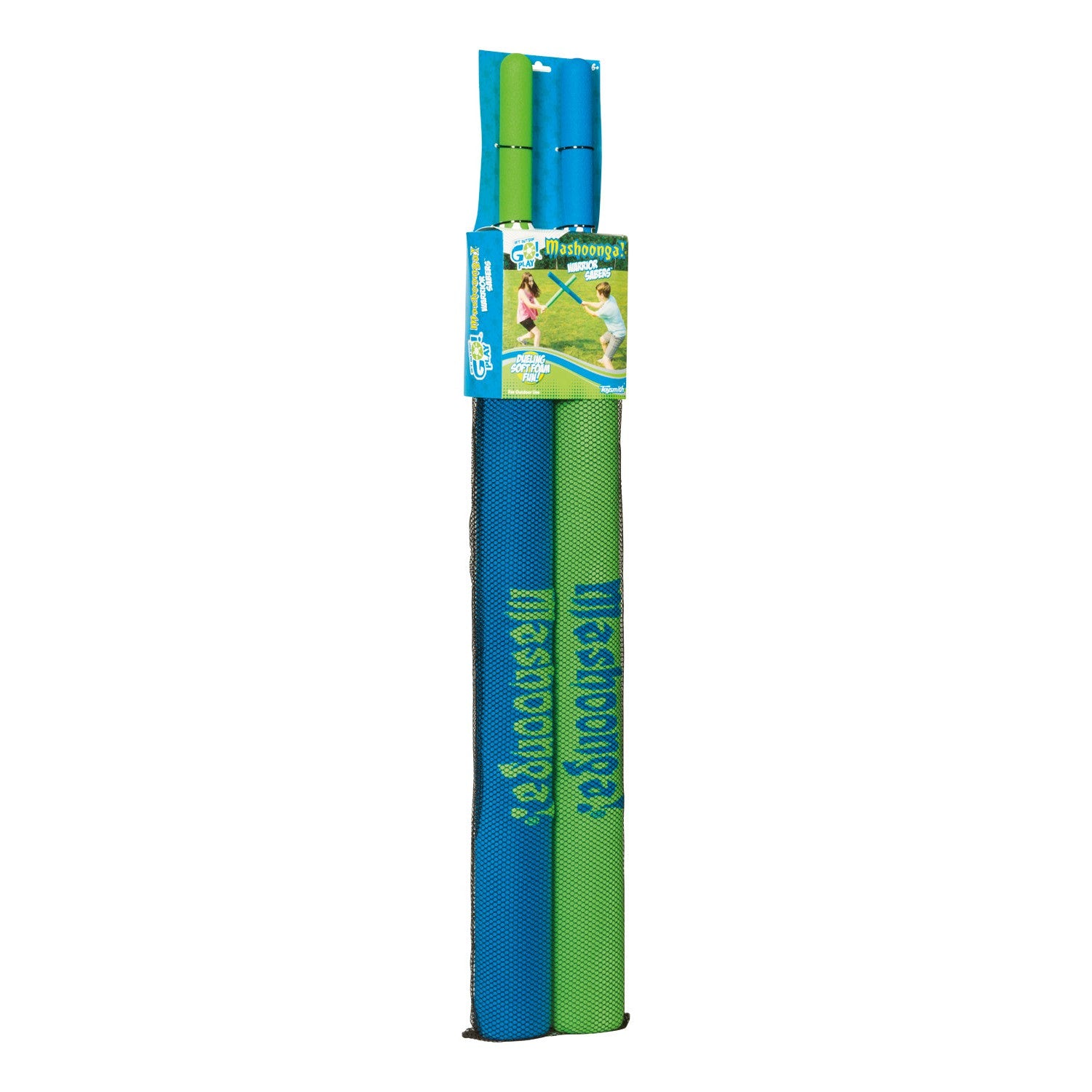 Three GO! Play Mashoonga foam pool noodles—two blue, one green—are bundled with a label from GO! Play featuring playful graphics of kids having outdoor fun and text encouraging active play.
