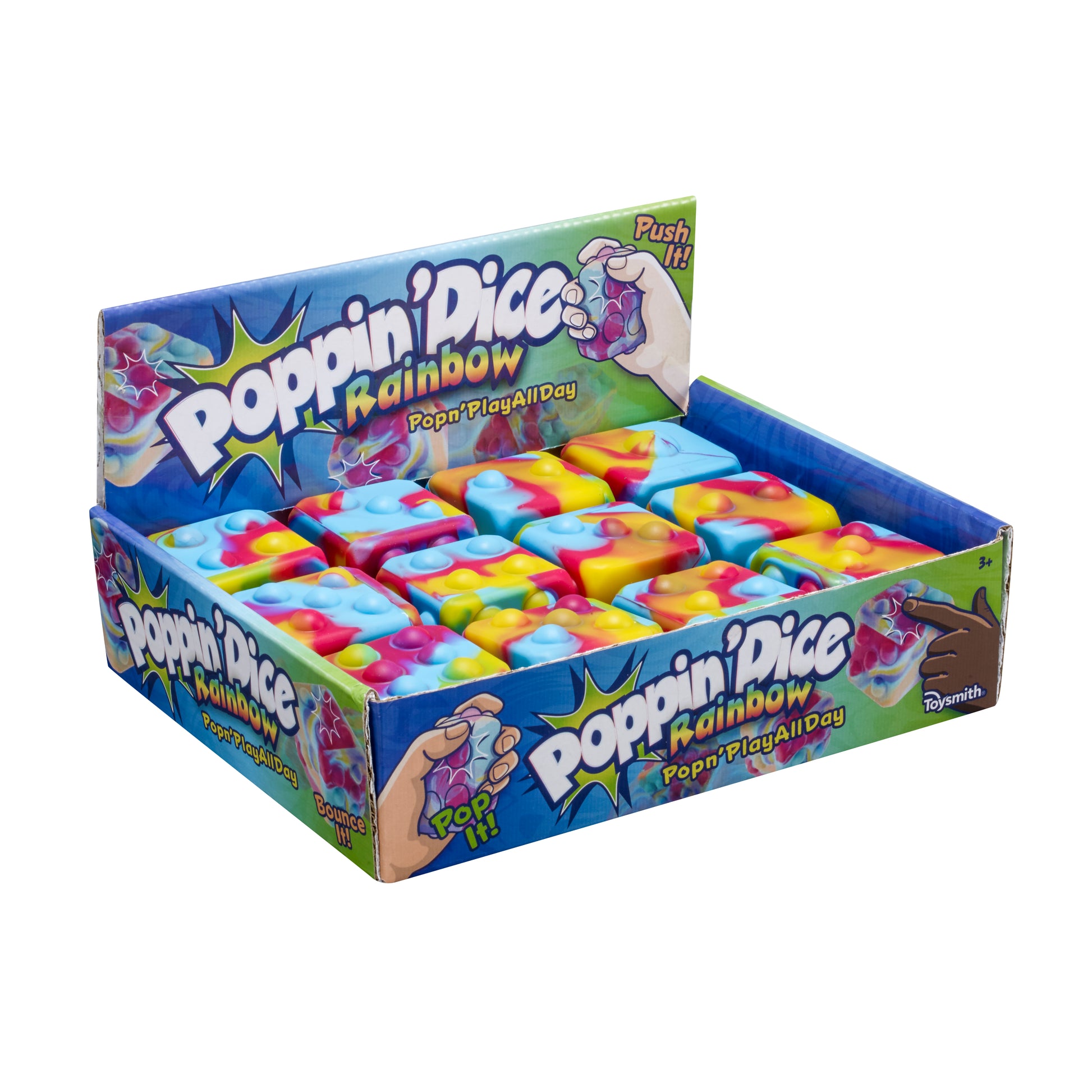 The Toysmith Poppin' Dice - Rainbow display features colorful, tie-dye style fidget dice toys. The packaging shows hands pressing squishy dice and promotes them as the perfect sensory toy with “Pop it! Play all day.” Brand: Toysmith.