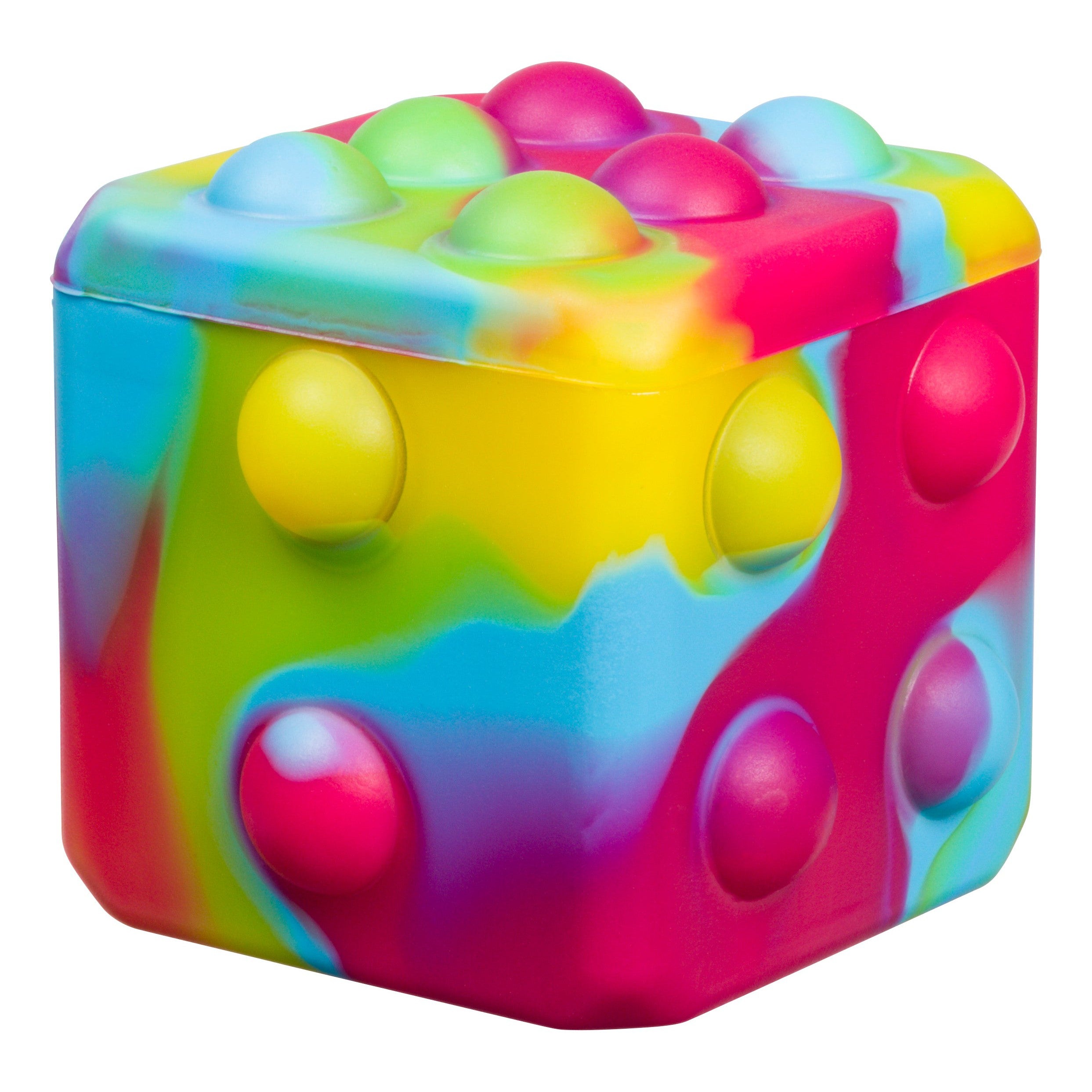 The Toysmith Poppin' Dice - Rainbow by Toysmith is a colorful, square pop-it fidget toy with bubble buttons on each side, featuring a vibrant rainbow design—ideal as a sensory toy for stress relief.