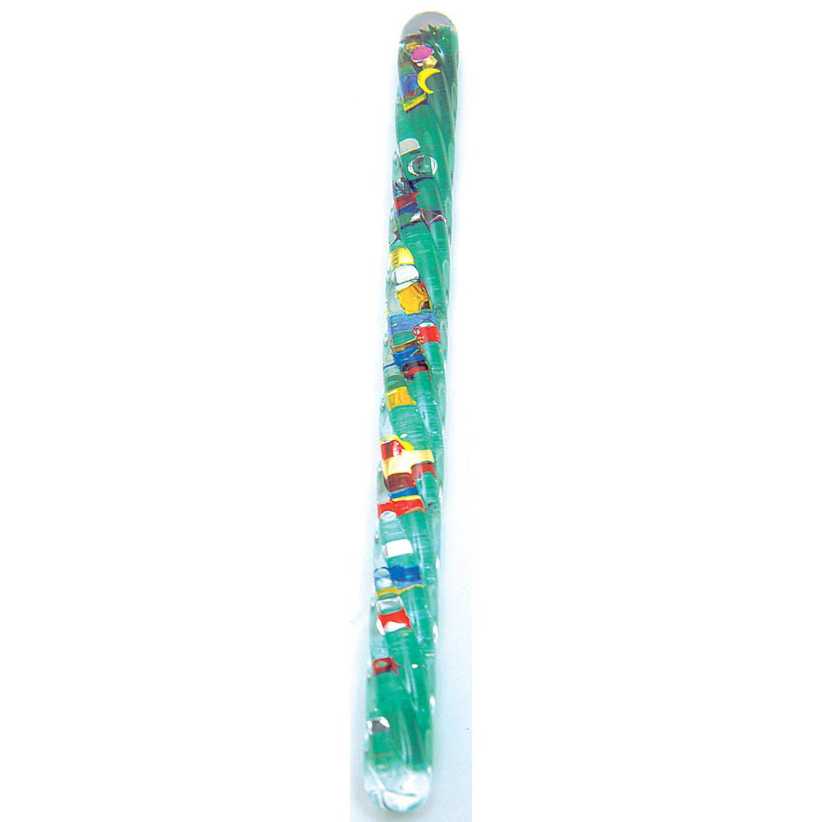 A green candy cane with fun cartoon Christmas images, wrapped in clear plastic—just like the Toysmith Spiral Glitter Wand by Toysmith, perfect for adding festive sensory sparkle to the holidays.
