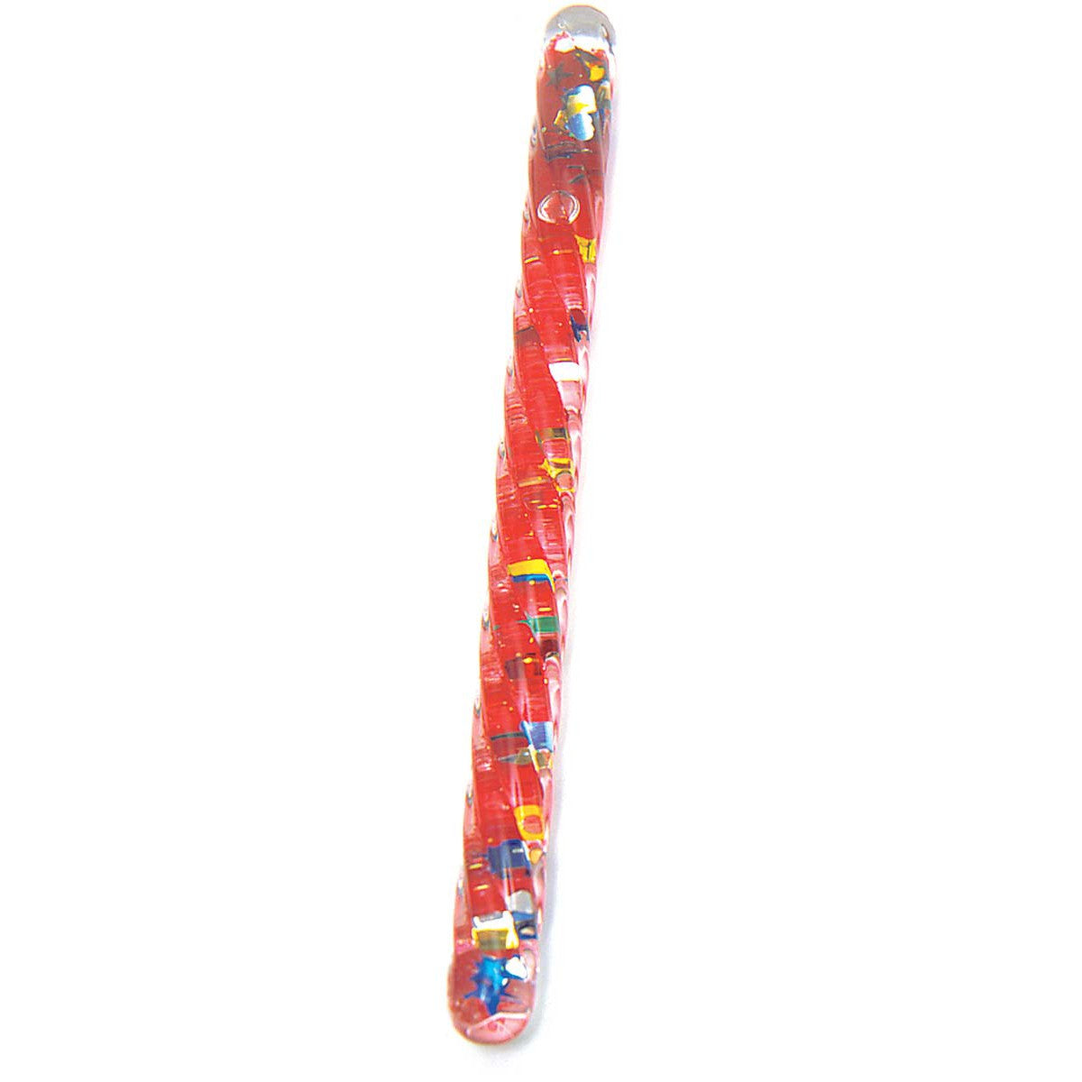 The Toysmith Spiral Glitter Wand by Toysmith features a straight glass design with a red spiral and embedded multicolored pieces, resembling a colorful stir stick, shown against a white background.