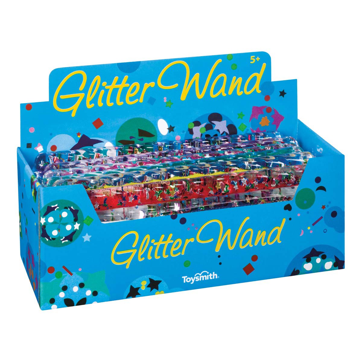 A vibrant blue display box labeled Toysmith Spiral Glitter Wand showcases colorful spiral glitter wands. Featuring a confetti design and Toysmith logo, this fun sensory toy is suitable for ages 5 and up.