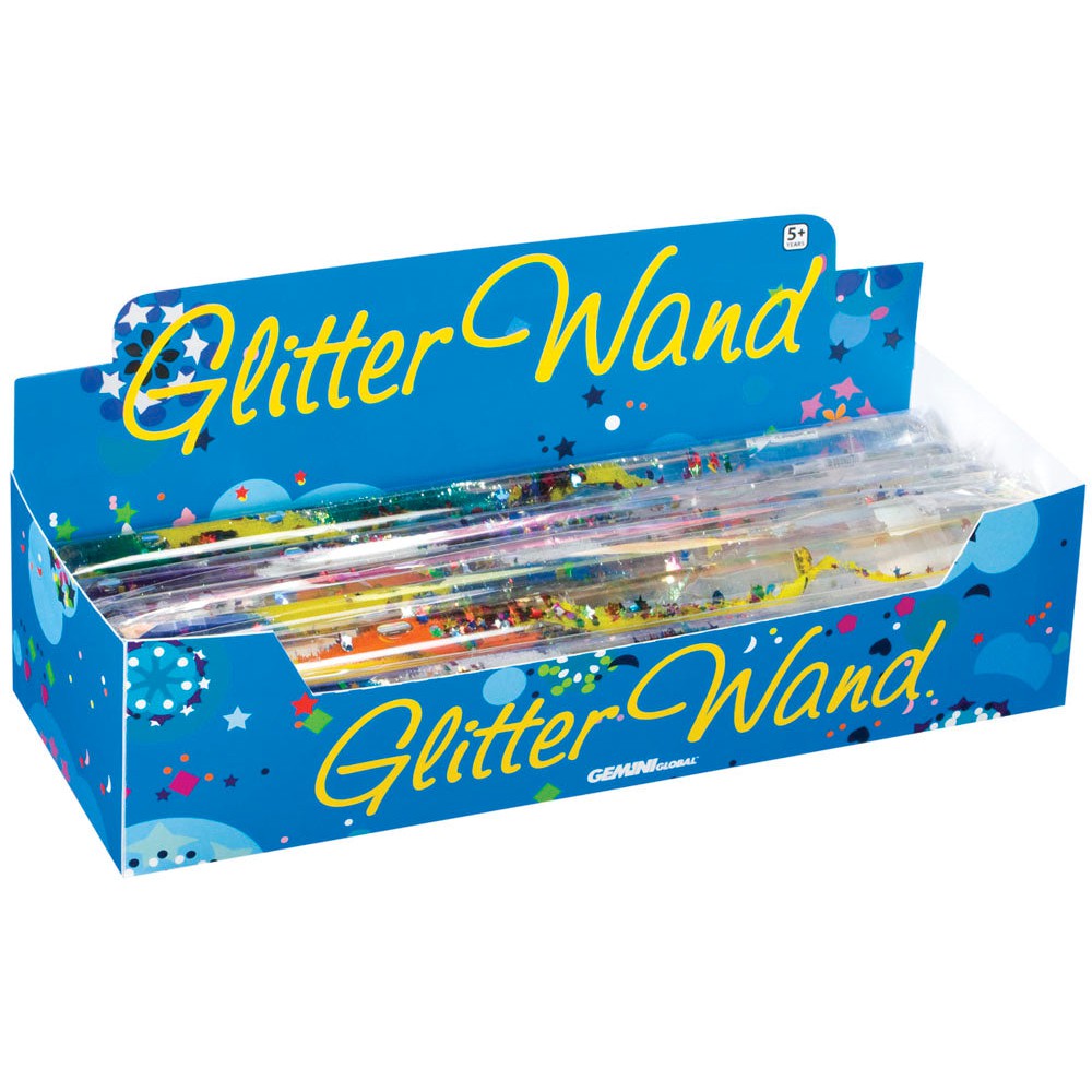 A blue box labeled Toysmith Jumbo Spiral Glitter Wand holds clear wands with glittery motion and colorful shapes. Festive confetti and cartoon graphics decorate the packaging, providing a calming Toysmith experience.