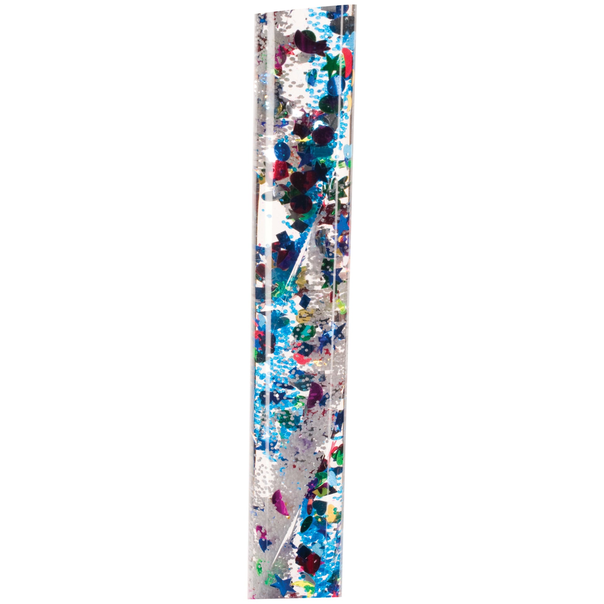 The Toysmith Jumbo Spiral Glitter Wand by Toysmith features a clear, vertical tube filled with water, swirling colorful star and circle glitter and confetti for a calming, mesmerizing experience.