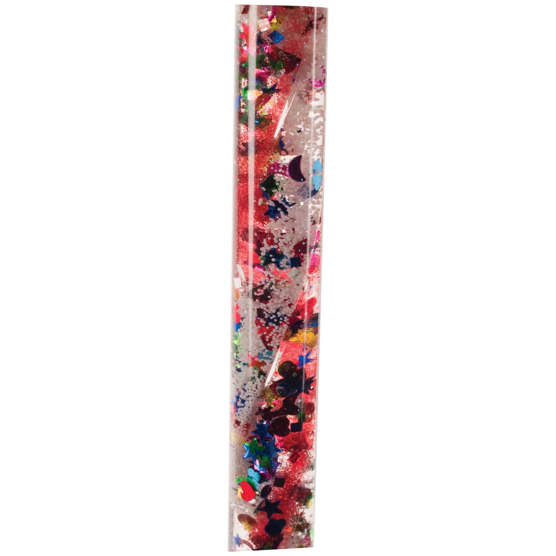 The Toysmith Jumbo Spiral Glitter Wand by Toysmith is a clear tube filled with colorful glitter, sequins, and confetti that creates a mesmerizing, calming effect as it swirls against a white background.