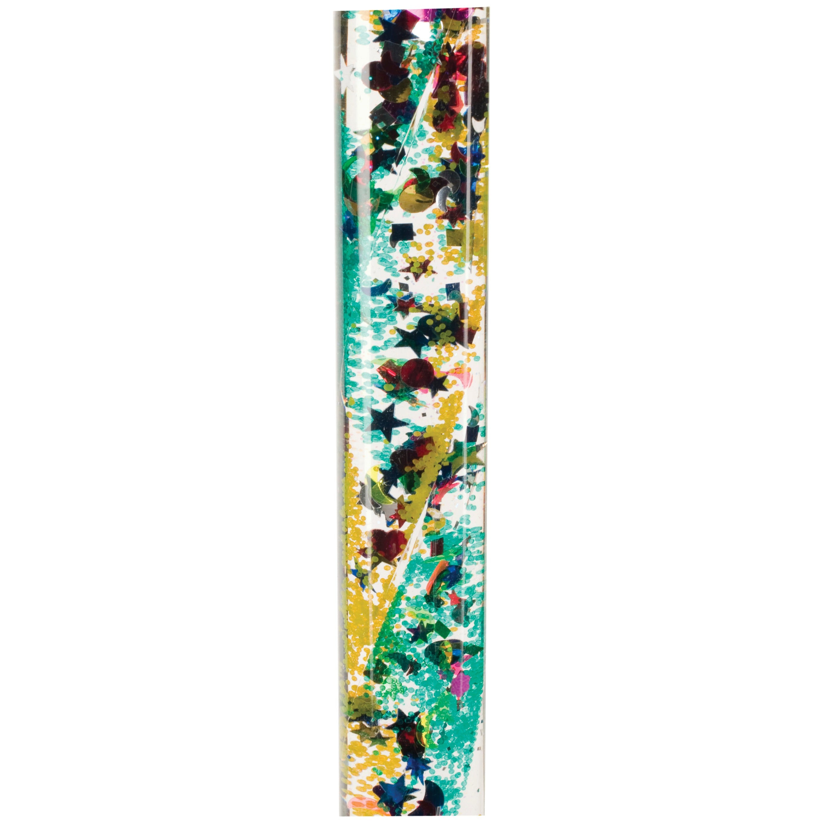 The Toysmith Jumbo Spiral Glitter Wand by Toysmith features a tall, clear acrylic design filled with colorful confetti, swirling glitter, and star-shaped pieces for a vibrant, playful look and calming sensory experience.
