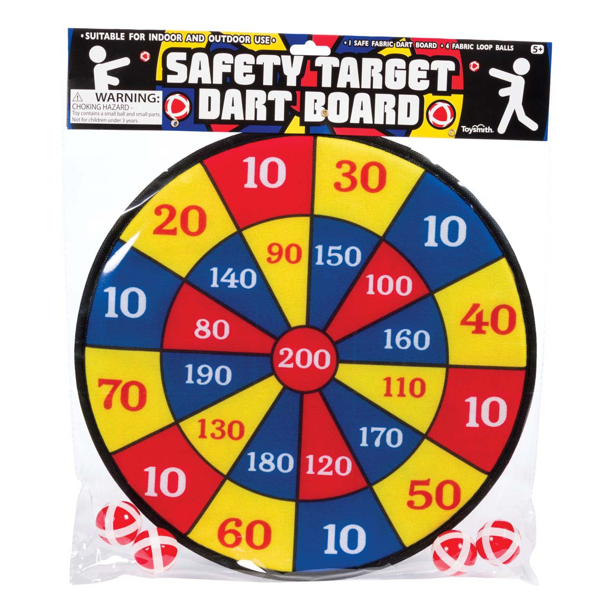 The Toysmith Safety Target Dart Board by Toysmith features a colorful fabric board with numbered red, yellow, and blue scoring sections from 10 to 200 points. Packaging shows it's designed for safe indoor and outdoor play.