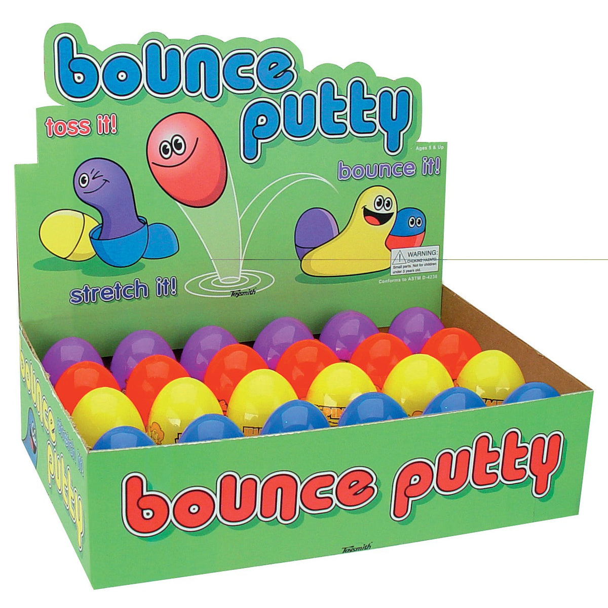 The Toysmith Bounce Putty display box features colorful plastic eggs and cartoon putty characters, with phrases like “toss it!”, “stretch it!”, and “bounce it!” on bright green packaging, highlighting this high-bounce sensory toy.