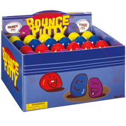Toysmith Bounce Putty by Toysmith features red, yellow, and blue high-bounce balls with playful cartoon faces. This sensory toy’s display box encourages kids to "Bounce it!" and "Toss it!" for added fun.