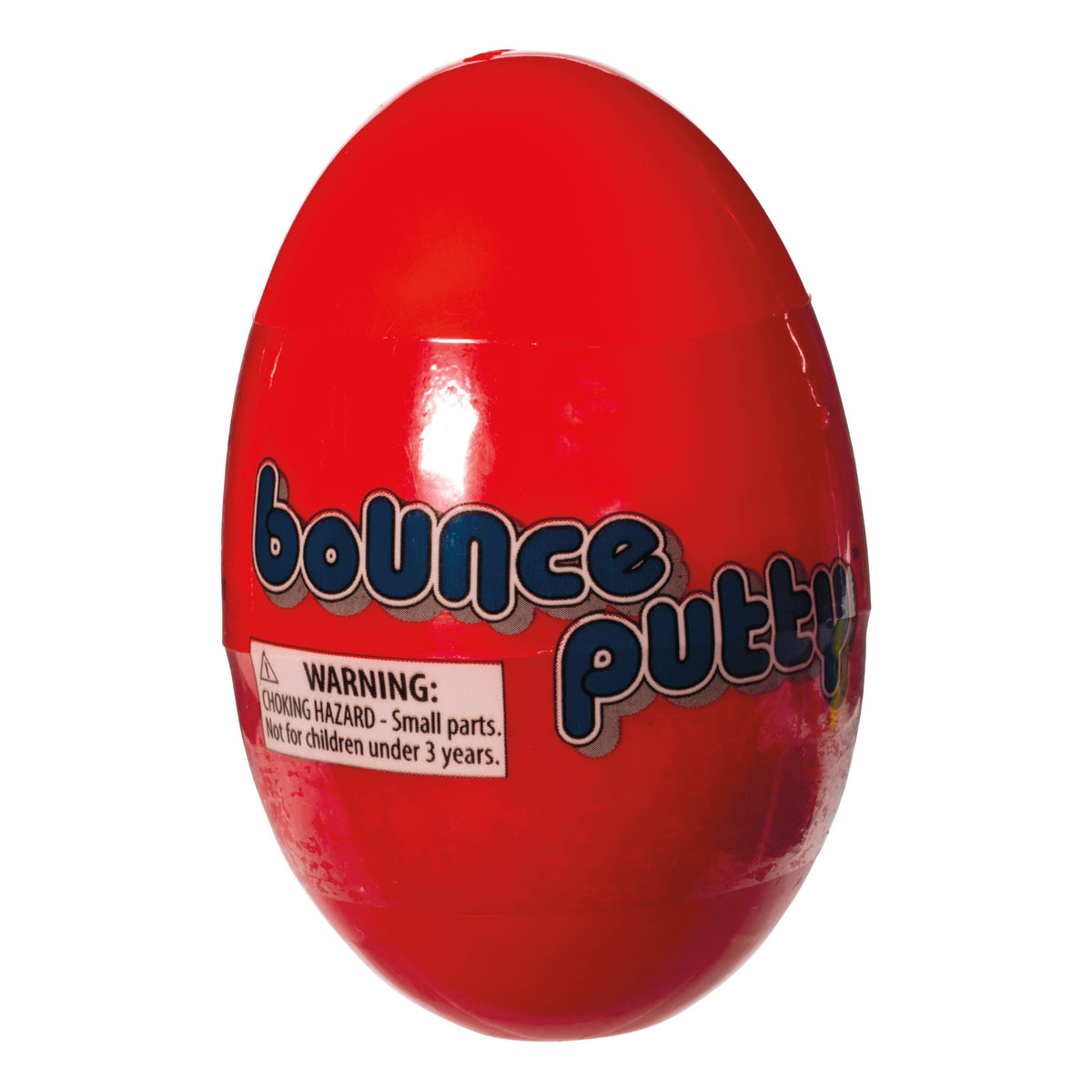The Toysmith Bounce Putty by Toysmith is a red, egg-shaped plastic container with high-bounce putty inside. It includes a small parts warning and choking hazard for children under 3 years.