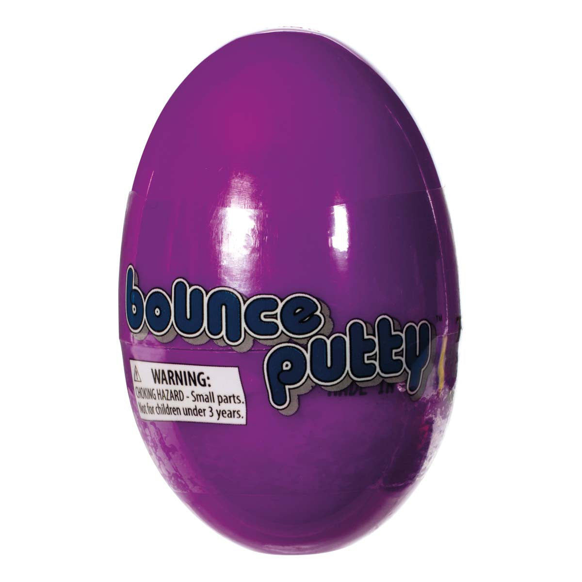 The Toysmith Bounce Putty is a shiny purple plastic egg by Toysmith. This high-bounce sensory toy warns of small parts that pose a choking hazard for children under 3 years old.