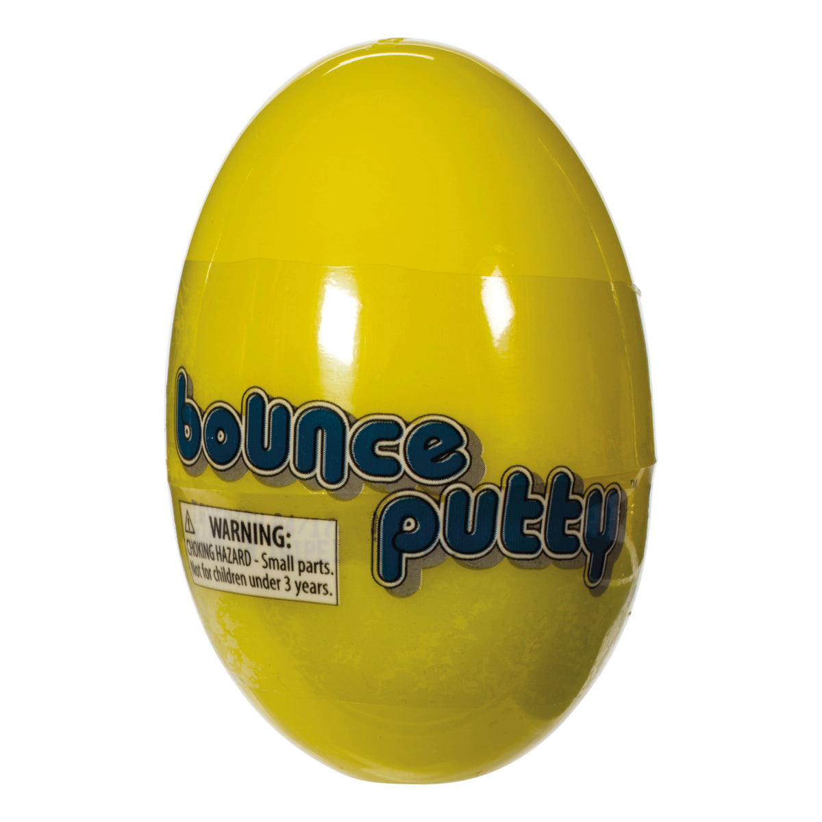 A yellow, egg-shaped Toysmith Bounce Putty container with a small parts warning. This high-bounce sensory toy by Toysmith is designed for kids ages 3 and up.