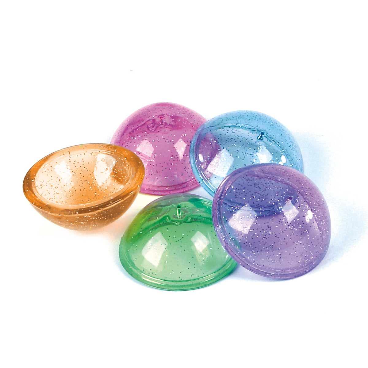 Five colorful, translucent, glittery half-sphere Toysmith Jumbo Glitter Poppin Hopper toys are arranged on a white surface, making this vibrant Toysmith toy a fun choice for exciting kids’ playtime.