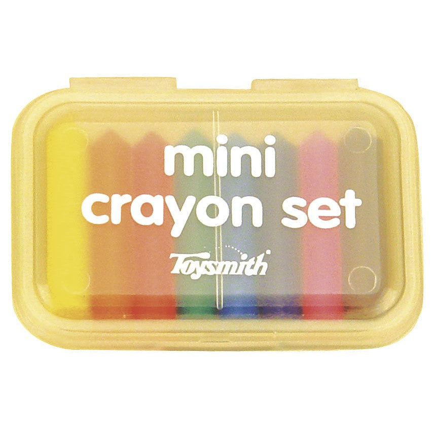 The Toysmith Mini Crayons set features eight colorful mini crayons in a small plastic case with a translucent lid and the Toysmith logo—perfect for creative play.