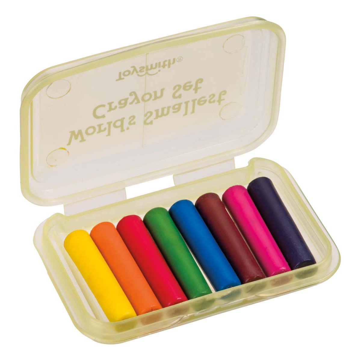 The Toysmith Mini Crayons by Toysmith come in a clear plastic case with an open lid, featuring eight vibrant mini crayons—yellow, green, orange, blue, brown, red, pink, and purple—perfect for creative fun anywhere.