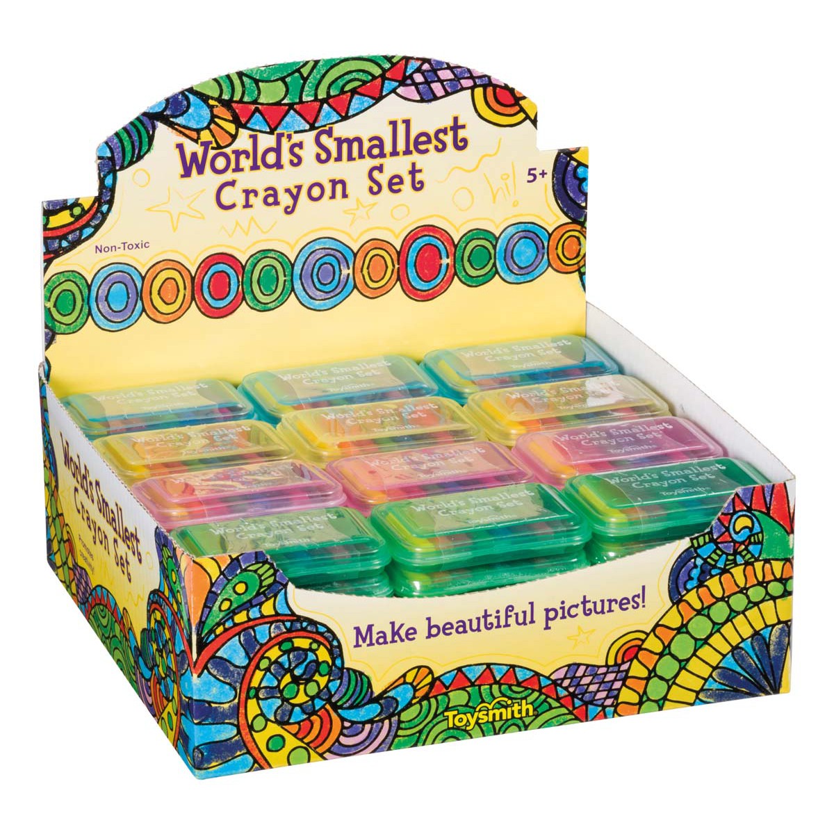 A vibrant box labeled Toysmith Mini Crayons holds compact crayons from Toysmith. Featuring playful patterns and "Make beautiful pictures!" plus "Non-Toxic" text, it's perfect for creative play for ages 5 and up.