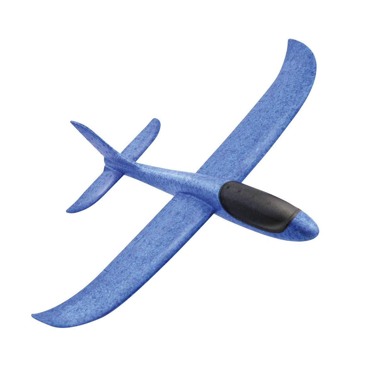 A Lanard Sky Glider Plane in blue with a black nose and cockpit, seen from above on a white background. This hand-launch flying toy by Lanard is perfect for kids.