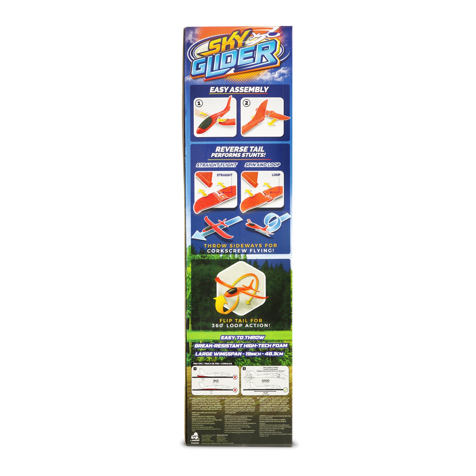 Tall rectangular package for the Lanard Sky Glider Plane, a kids' flying toy by Lanard. Easy assembly and tail adjustment instructions with images are shown on a blue package with illustrations and product info.