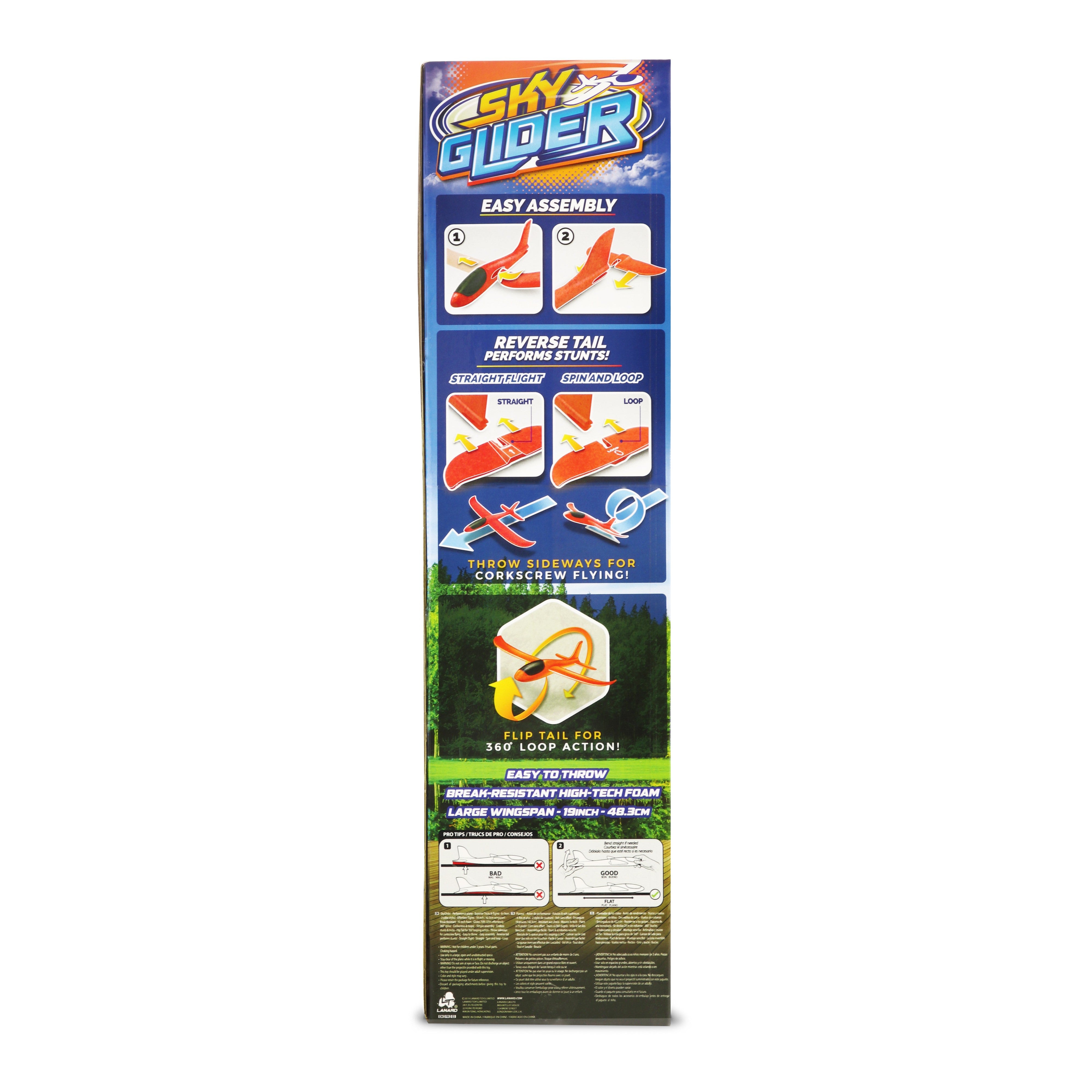 Tall rectangular package for the Lanard Sky Glider Plane, a kids' flying toy by Lanard. Easy assembly and tail adjustment instructions with images are shown on a blue package with illustrations and product info.