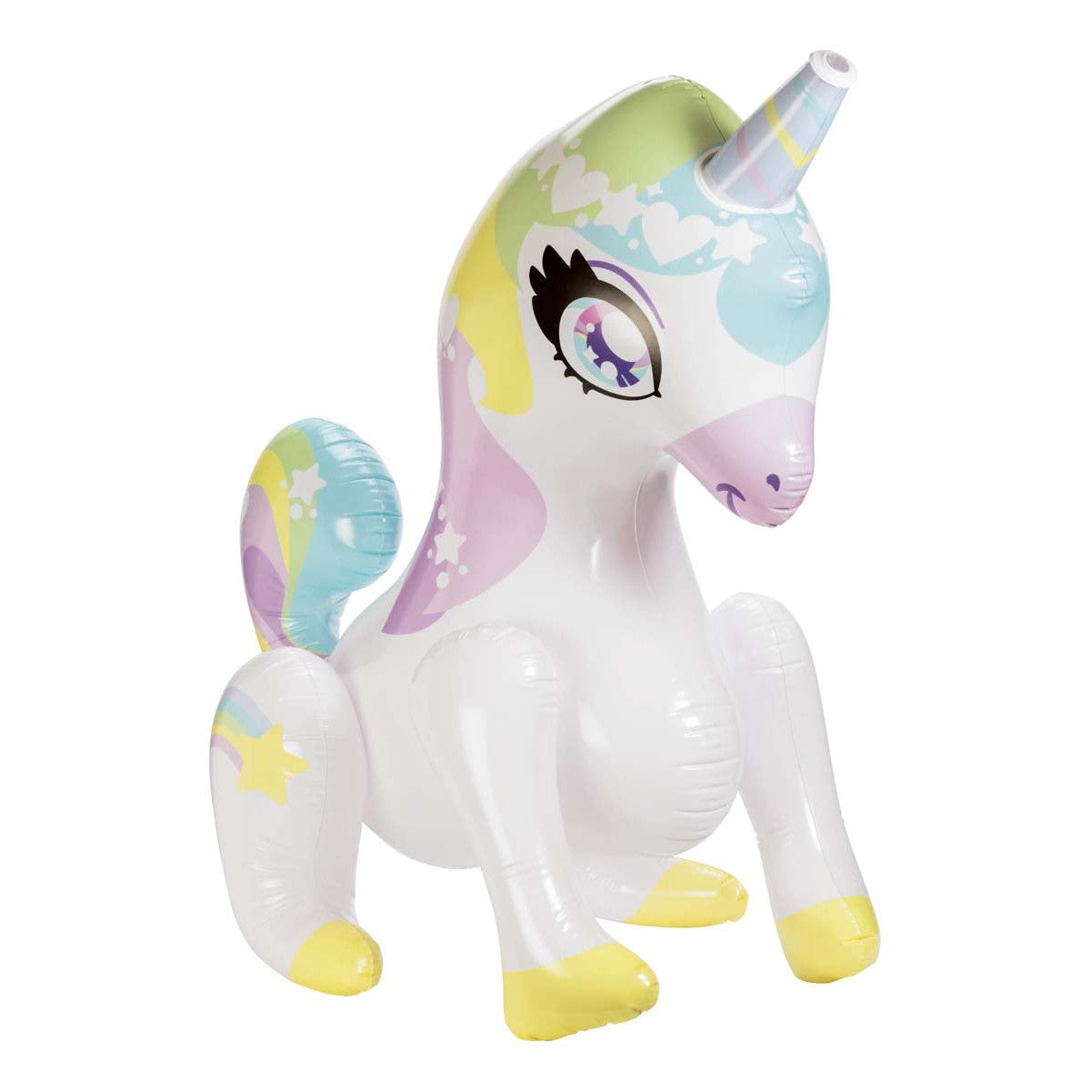 The Toysmith Sprinkler Buddies Mist-Ical Unicorn Sprinkler features pastel colors, big blue and purple eyes, yellow hooves, a rainbow mane and tail, plus a blue and yellow horn—ideal for backyard water fun.