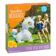 Two kids in swimsuits play outdoors with the Toysmith Sprinkler Buddies Mist-Ical Unicorn Sprinkler, which sprays water up to 9 ft and is perfect for children ages 18 months and up.