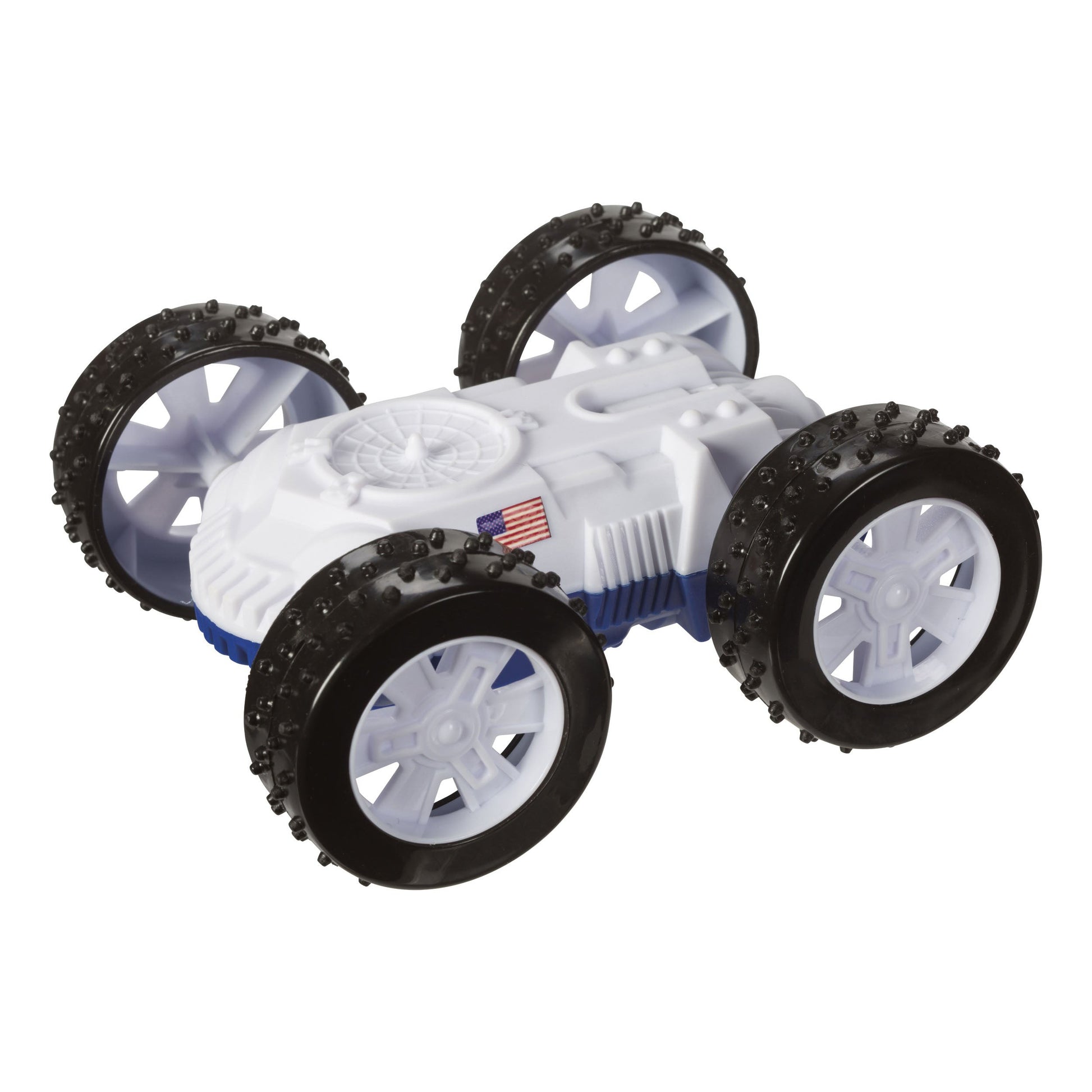 The Astroverse Roll Over Mars Rover by Astroverse is a white friction-powered car with four large black wheels, textured treads, a small American flag, and a futuristic design for double-sided flip play and space exploration fun.