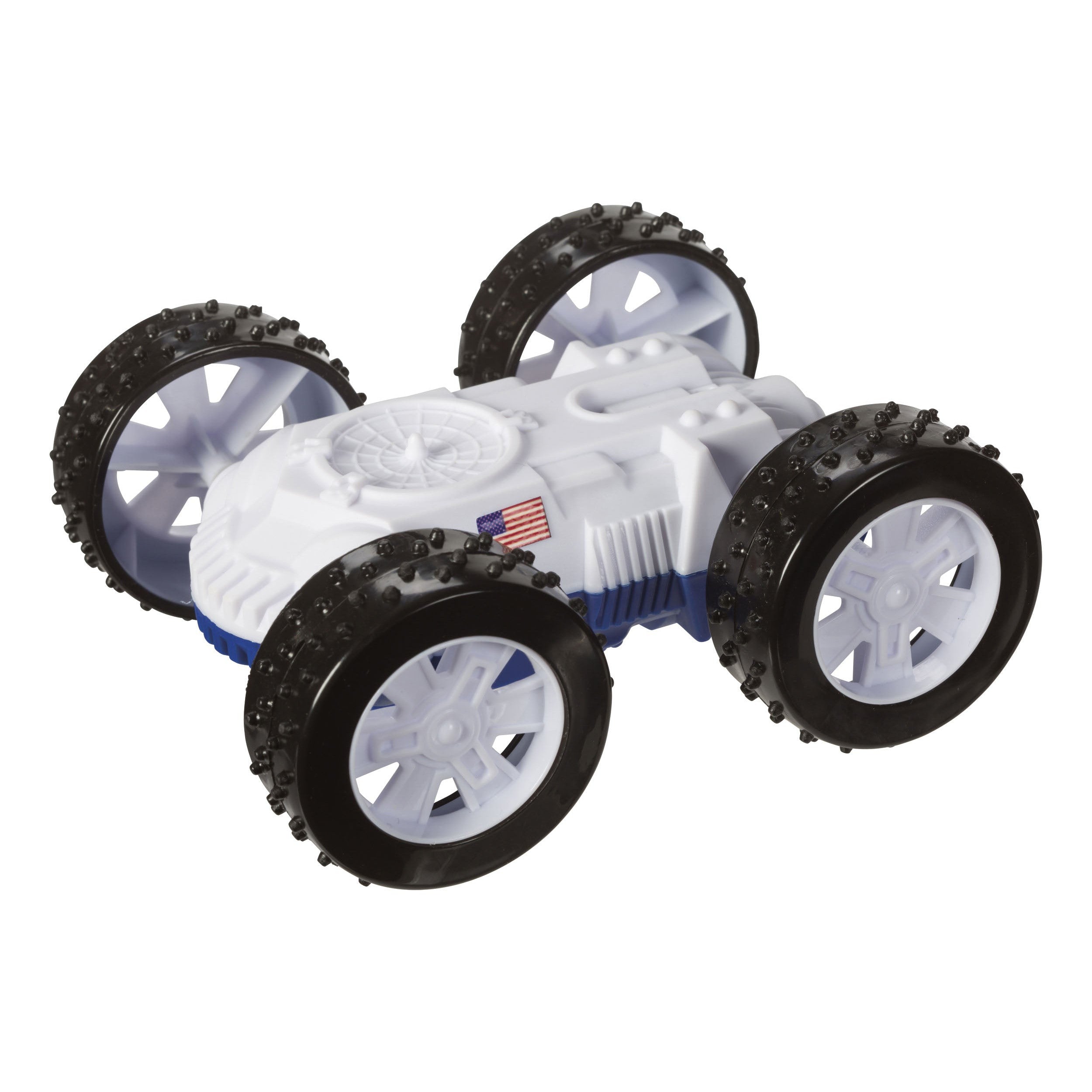 The Astroverse Roll Over Mars Rover by Astroverse is a white friction-powered car with four large black wheels, textured treads, a small American flag, and a futuristic design for double-sided flip play and space exploration fun.