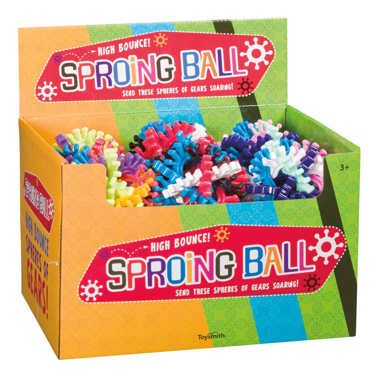 A box brimming with Toysmith Sproing Balls—colorful spheres made of interlocking rubber gears from Toysmith. The box promises High Bounce! Send these unique Sproing Balls soaring!.
