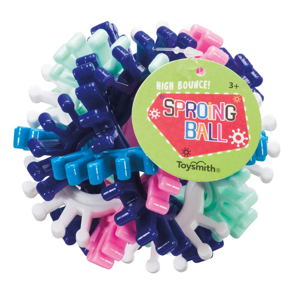 Toysmith Sproing Ball by Toysmith features spiky, flexible prongs in blue, pink, white, and green. Perfect for ages 3+, this high-bounce toy adds extra fun to playtime. Comes with an attached tag.
