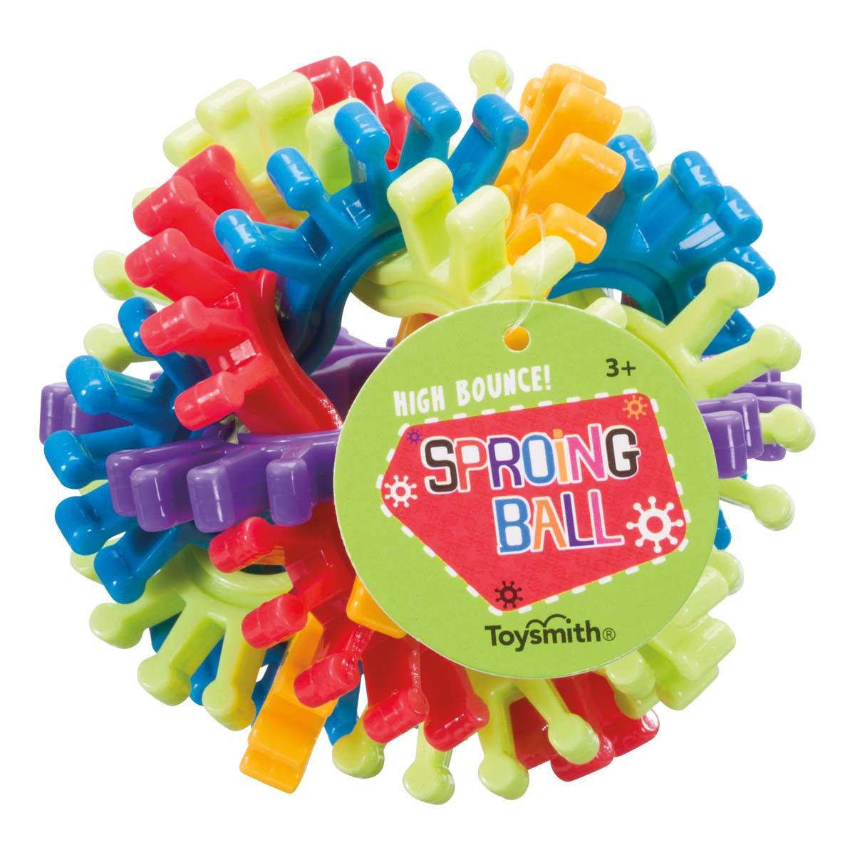 The Toysmith Sproing Ball is a high-bounce toy made of interlocking rubber gears with bendable, brightly colored arms; it's suitable for ages 3 and up and designed by Toysmith for extra fun.