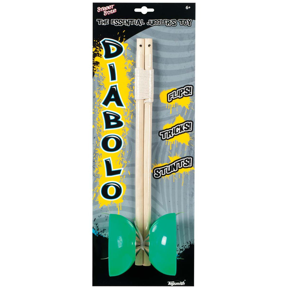 The Toysmith 14.5in Street Style Diabolo features green cups and wooden sticks in bold packaging with vibrant DIABOLO text, FLIPS!, TRICKS!, STUNTS!—perfect for active play. Brand: Toysmith.