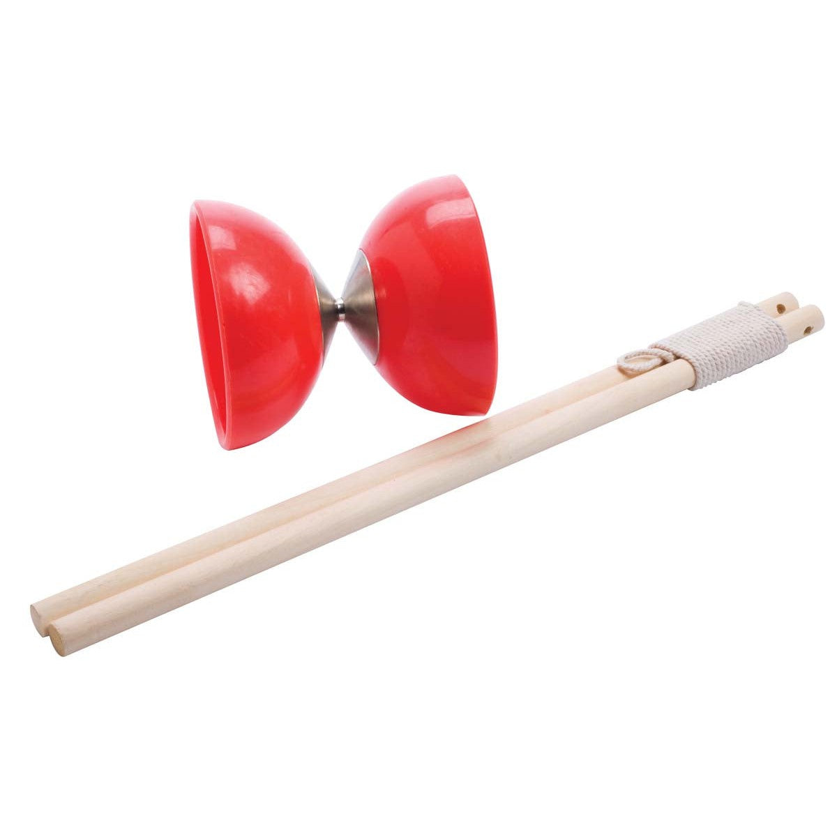 The Toysmith 14.5in Street Style Diabolo is a red skill toy with a metal center, shown with two wooden sticks connected by string, perfect for active play and performing tricks.