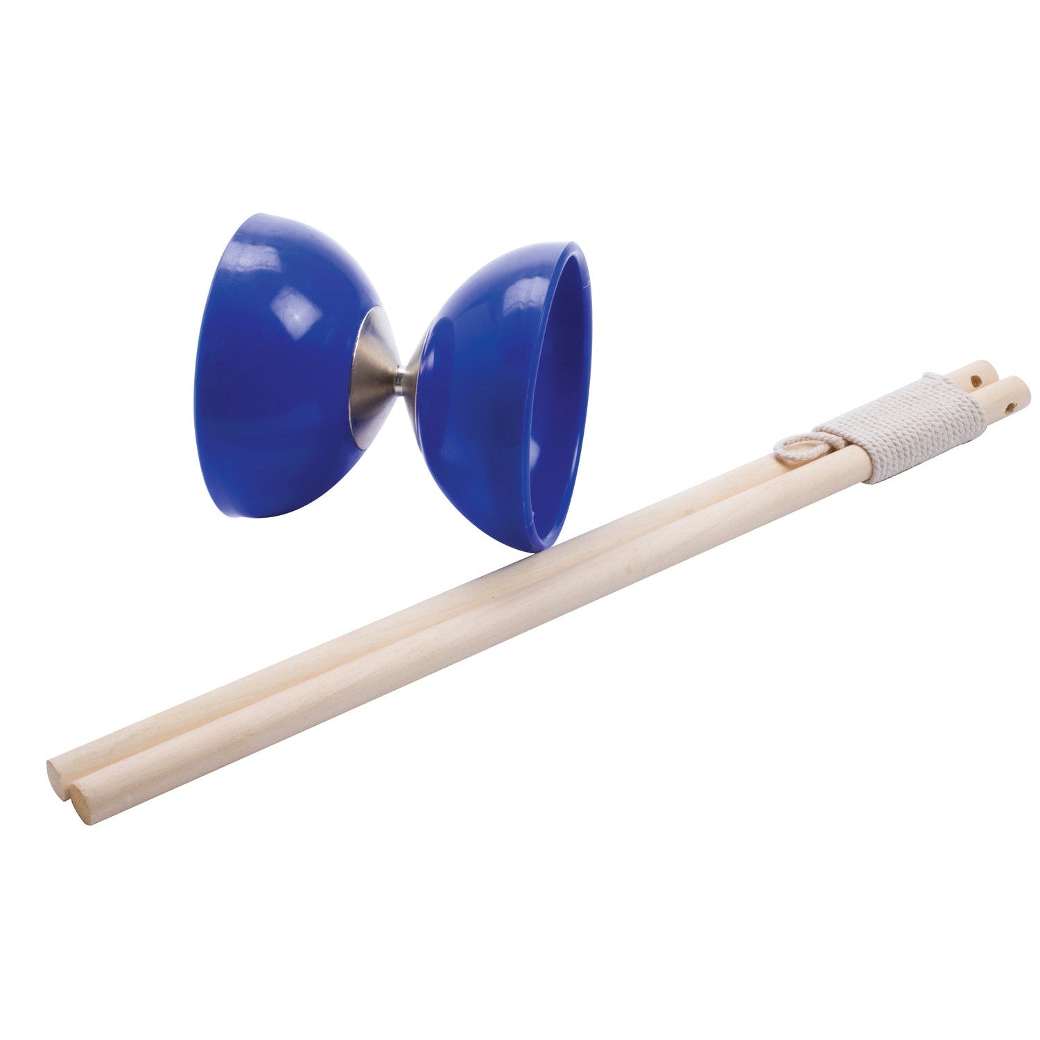 The Toysmith 14.5in Street Style Diabolo is a blue skill toy with a metal axle, shown beside two wooden sticks joined by a string—ideal for juggling, active play, or tricks.