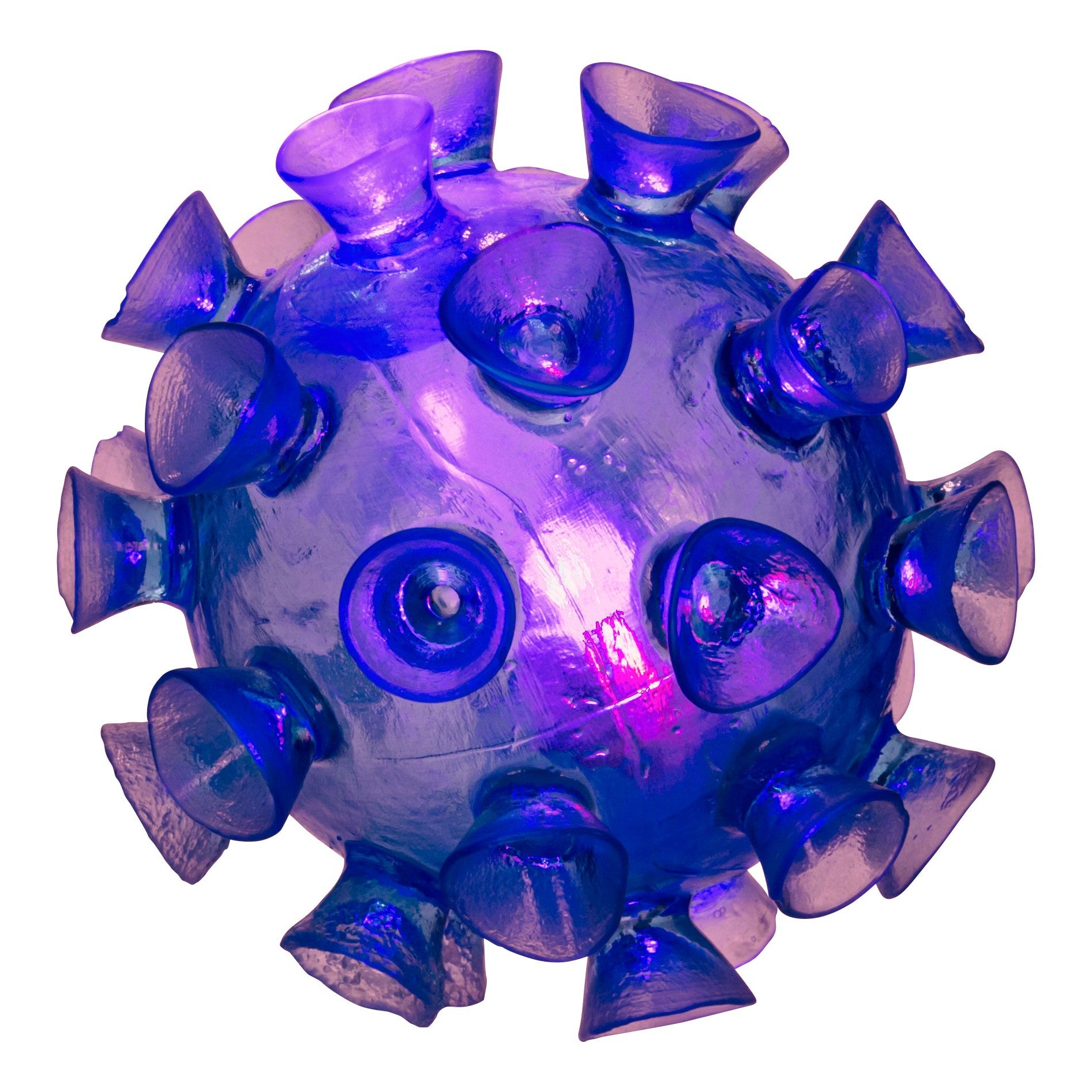 The Toysmith Virus Hand Wash Helper is a translucent purple and blue rubber ball with cone-shaped protrusions, designed to encourage kids to develop good hygiene habits. Brand: Toysmith.