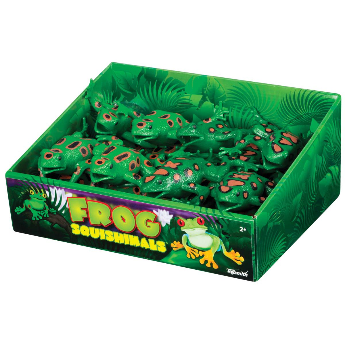 The Toysmith Frog Squishimals by Toysmith are green toy frogs with red spots for sensory play and fidgeting, packaged in a box with cartoon frogs and leafy jungle graphics for a squishy, playful look.