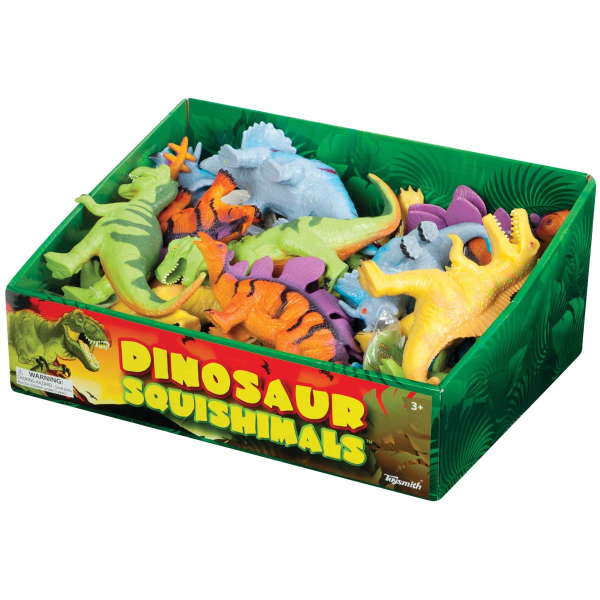 The Toysmith Dino Squishimals display box features squishy dinosaur toys in green, yellow, orange, and purple—ideal as colorful fidget toys for dino fans.
