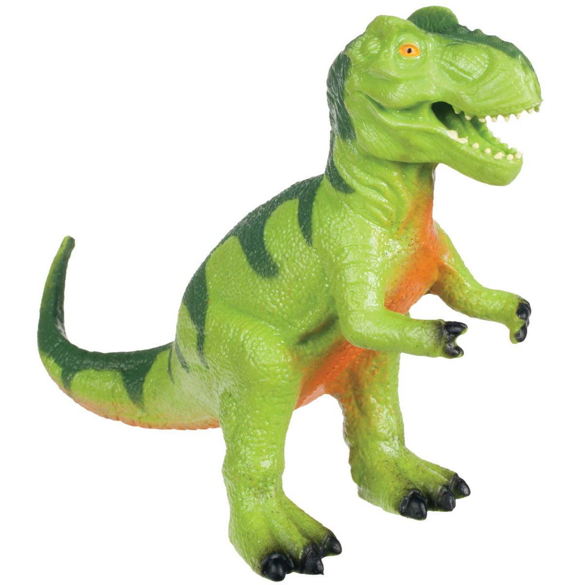 The Toysmith Dino Squishimals by Toysmith is a green T. rex-inspired plastic toy with dark green stripes, small arms, orange underside, and a squishy feel—perfect for fans of dinosaur fidget toys and collectable Dino Squishimals fun.