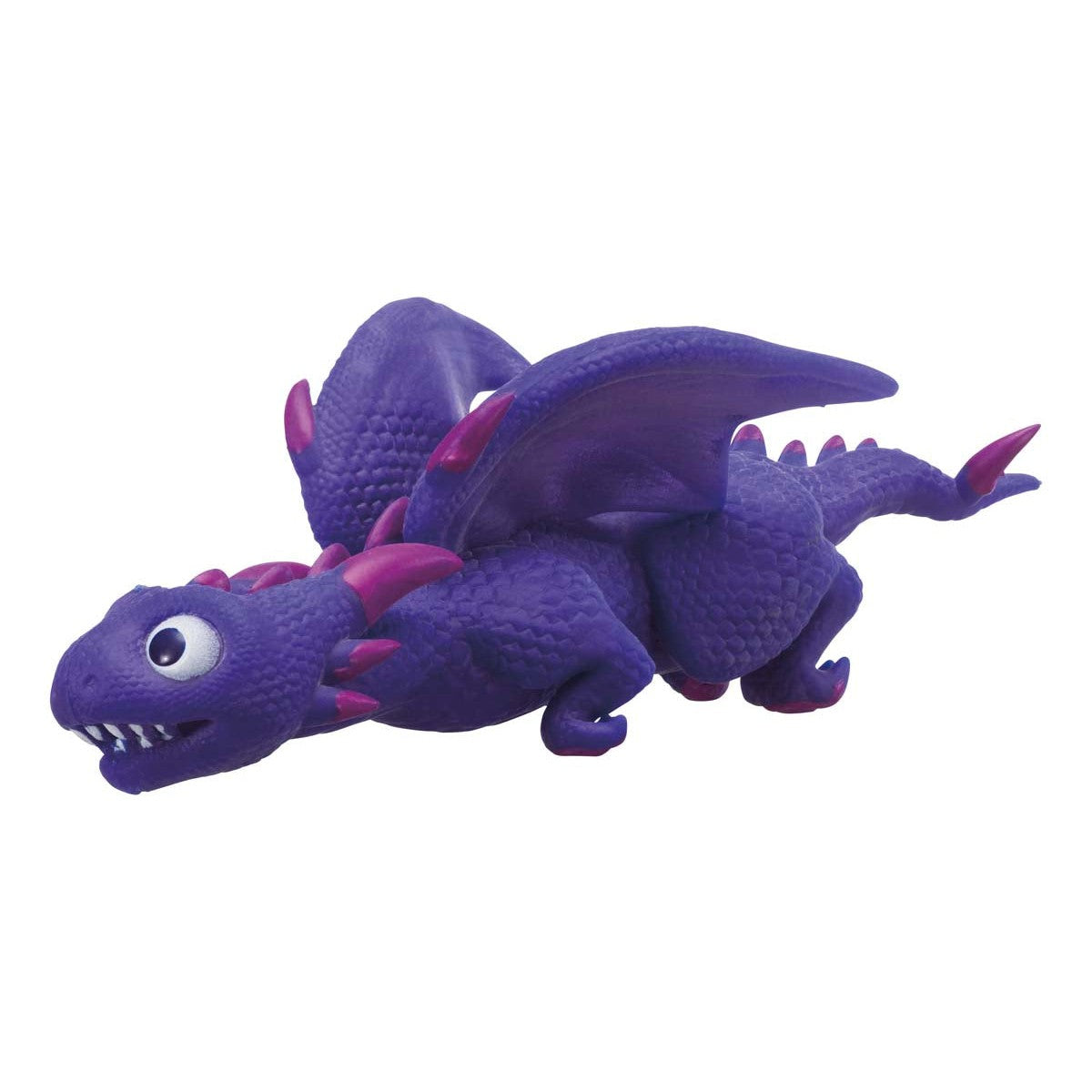 The Toysmith Dragon Stretchy by Toysmith is a purple collectible dragon with textured scales, pink-tipped horns and spines, large eyes, spread wings, and small white teeth—perfect as a sensory fidget toy.