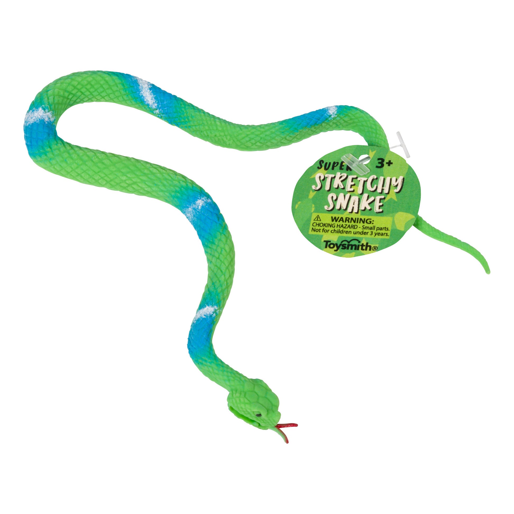 The Toysmith Super Stretchy Snake is a green, stretchable sensory toy with blue and white markings, a red tongue, Toysmith logo tag, and a warning label—perfect for tactile fun.