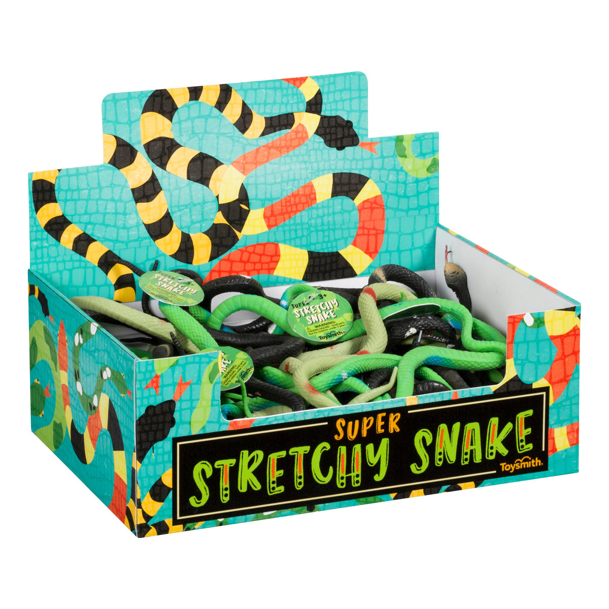 The Toysmith Super Stretchy Snake display box by Toysmith features green, black, and yellow stretchy toy snakes, each with realistic patterns for tactile fun. The box showcases snake designs and is perfect for playful activities.