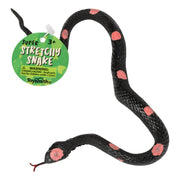 The Toysmith Super Stretchy Snake by Toysmith is a black rubber sensory toy with pink spots and a red tongue, designed for ages 3+. A warning tag is attached to its head for safe play.