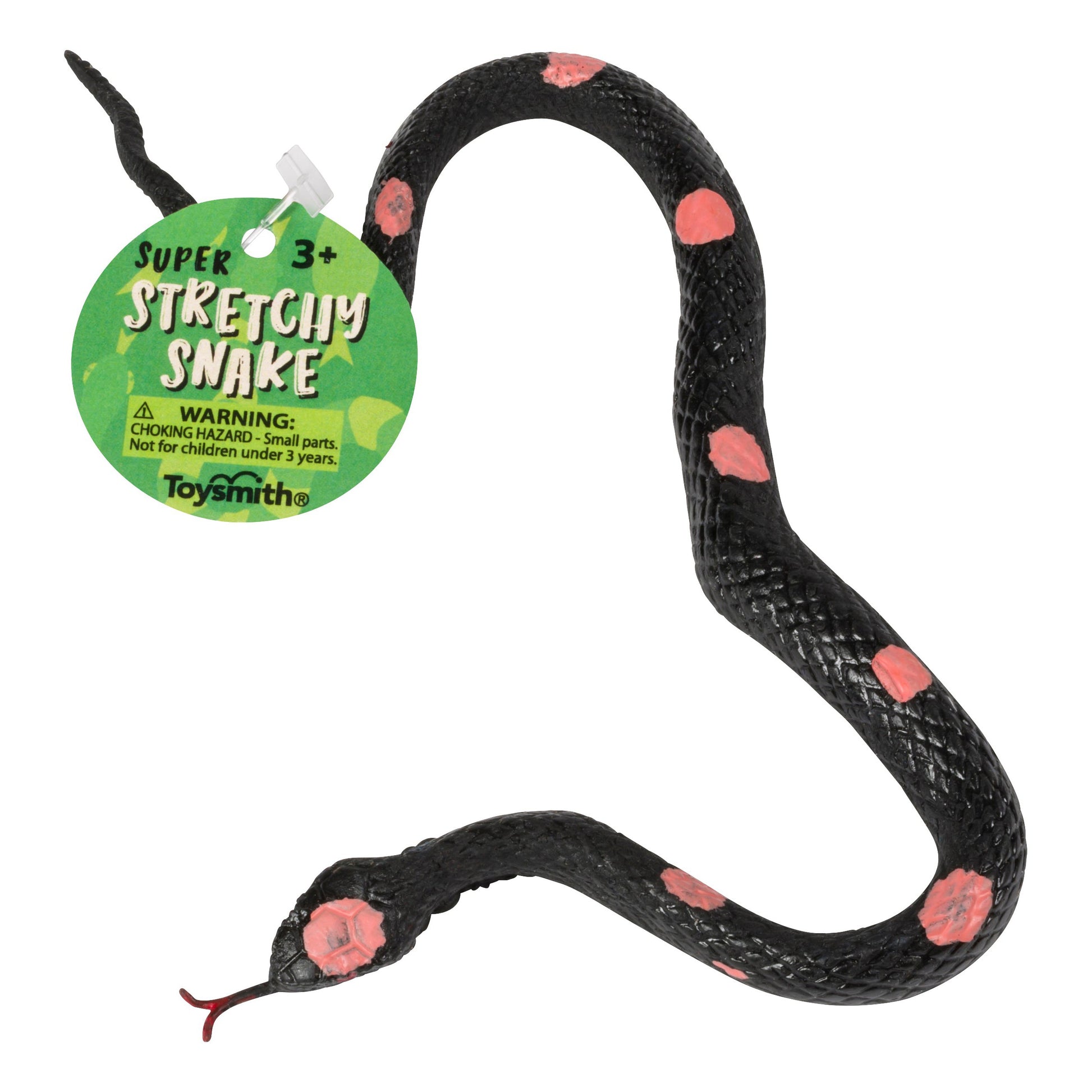 The Toysmith Super Stretchy Snake by Toysmith is a black rubber sensory toy with pink spots and a red tongue, designed for ages 3+. A warning tag is attached to its head for safe play.