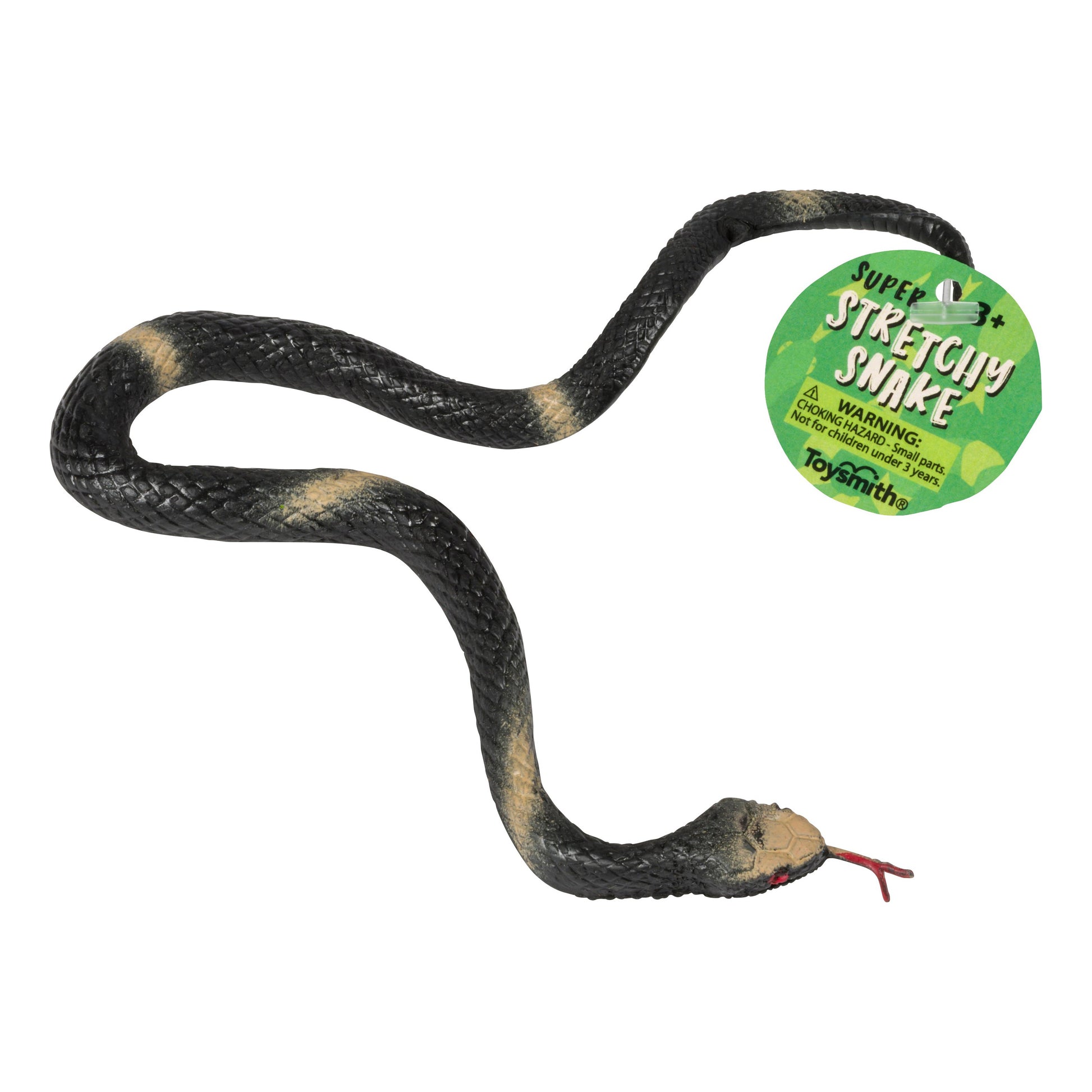 The Toysmith Super Stretchy Snake by Toysmith is a realistic-looking black and beige stretchy toy snake with a red tongue—perfect for tactile fun and as an engaging sensory toy.