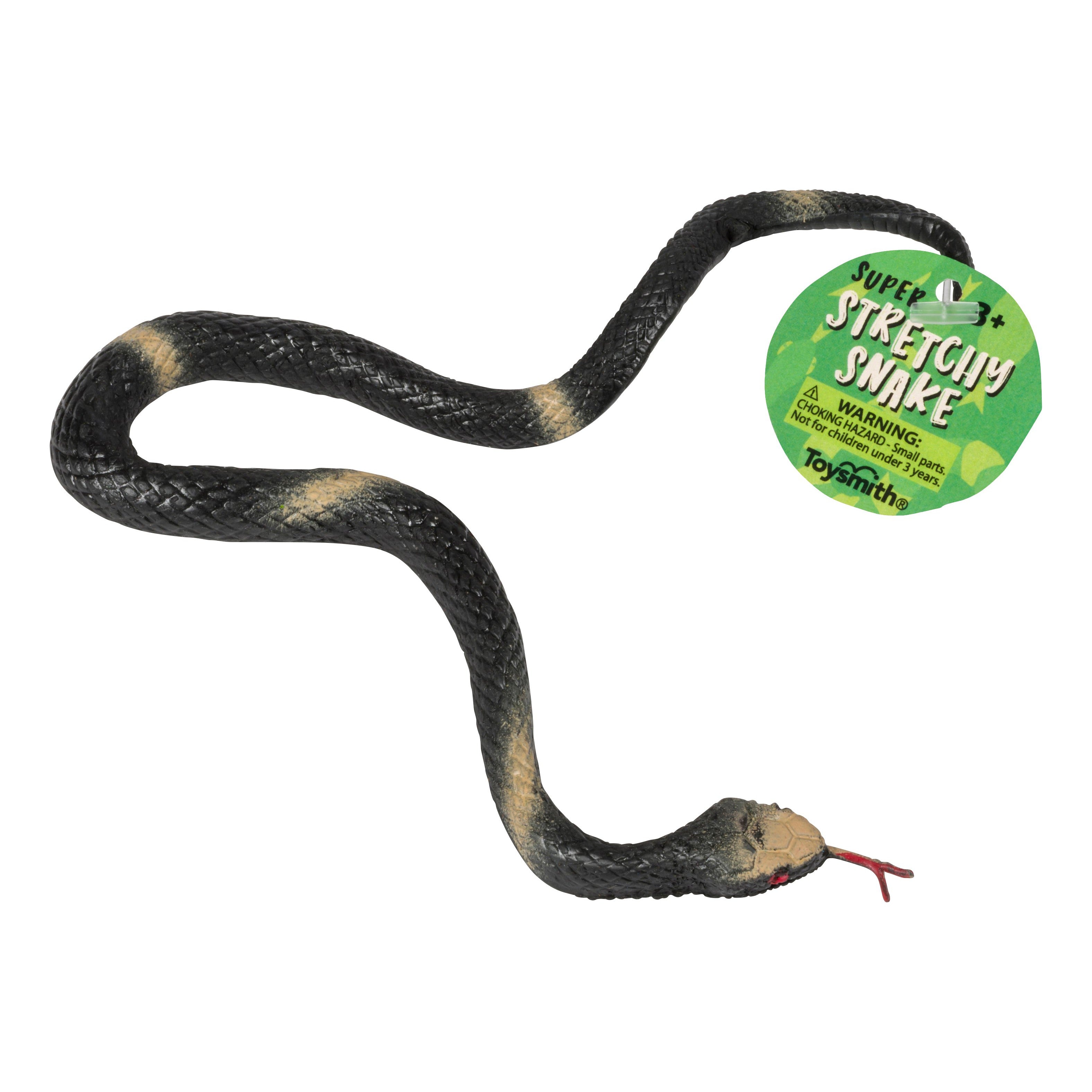 The Toysmith Super Stretchy Snake by Toysmith is a realistic-looking black and beige stretchy toy snake with a red tongue—perfect for tactile fun and as an engaging sensory toy.