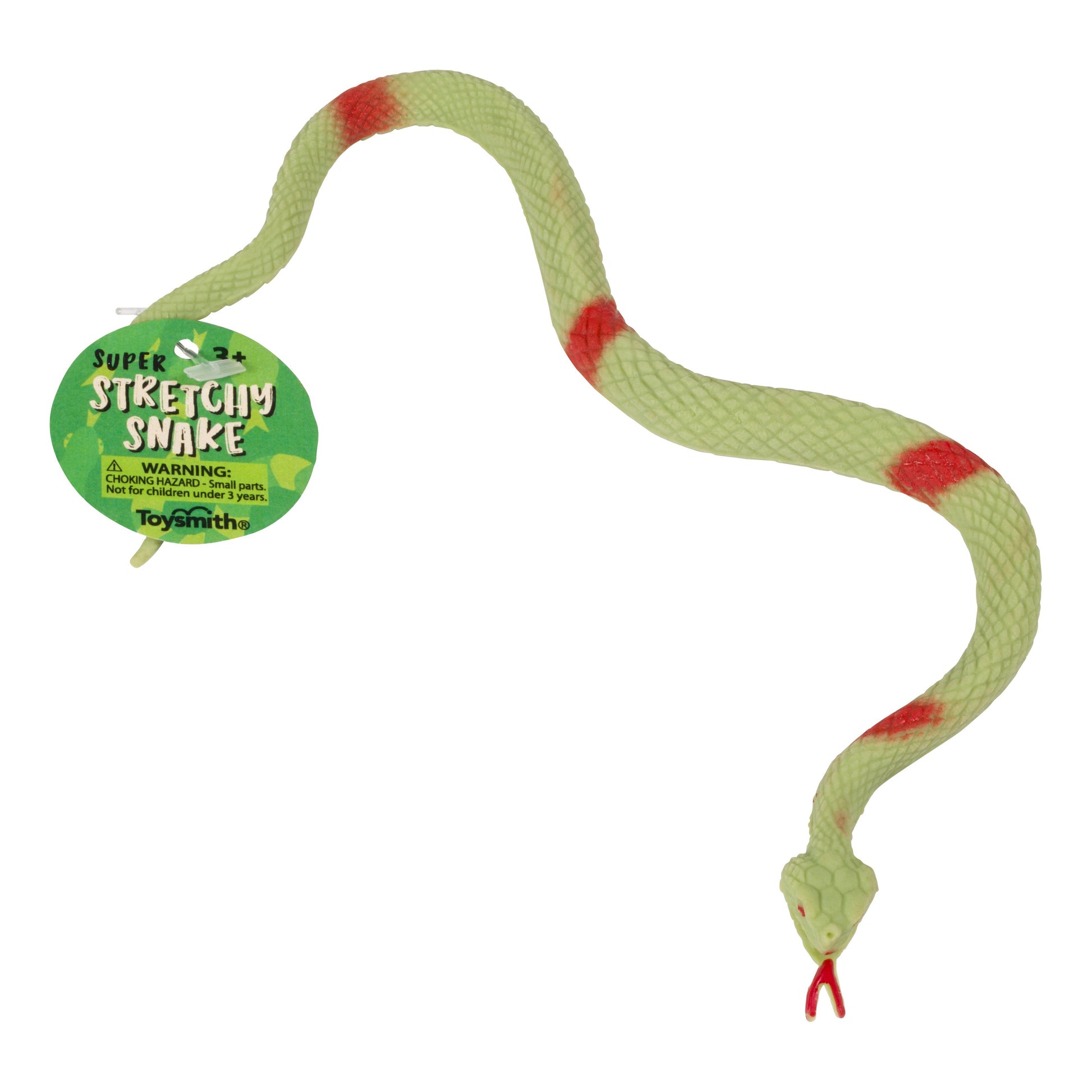 The Toysmith Super Stretchy Snake is a green sensory toy snake with red bands, a forked red tongue, and a textured surface. It comes with a green tag featuring the name, warning label, and the Toysmith brand logo.