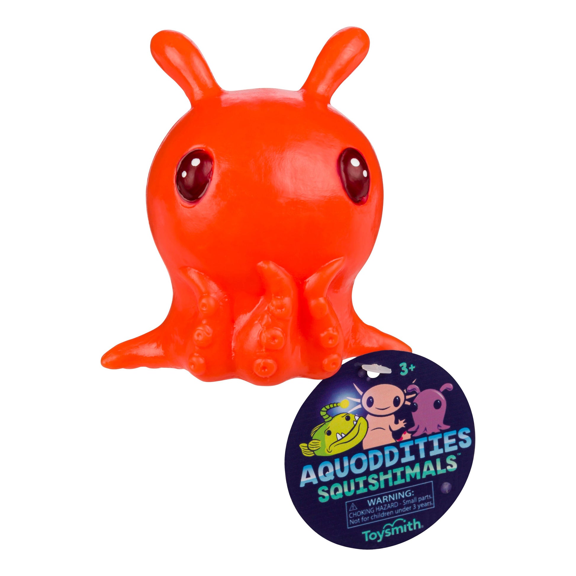 A bright orange Toysmith Aquoddities Squishimals toy, featuring a cartoon octopus design with big eyes, eight tentacles, and a playful aquatic theme.