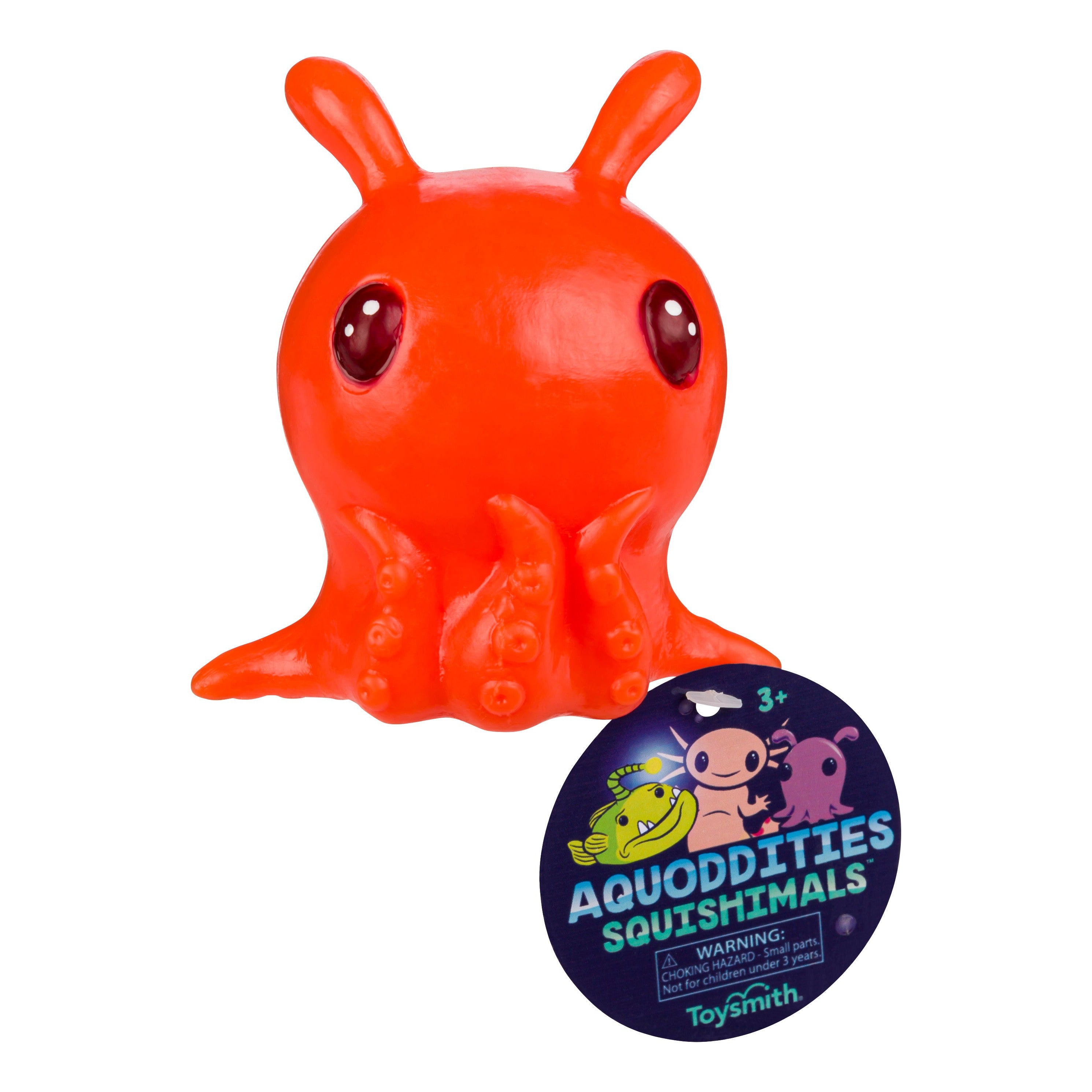 A bright orange Toysmith Aquoddities Squishimals toy, featuring a cartoon octopus design with big eyes, eight tentacles, and a playful aquatic theme.