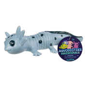 The Toysmith Aquoddities Squishimals is a blue, rubbery axolotl toy with black spots, labeled “Aquoddities Squishimals” by Toysmith—ideal for ages 3+ and a cute addition to any aquatic-themed squishy toy collection.